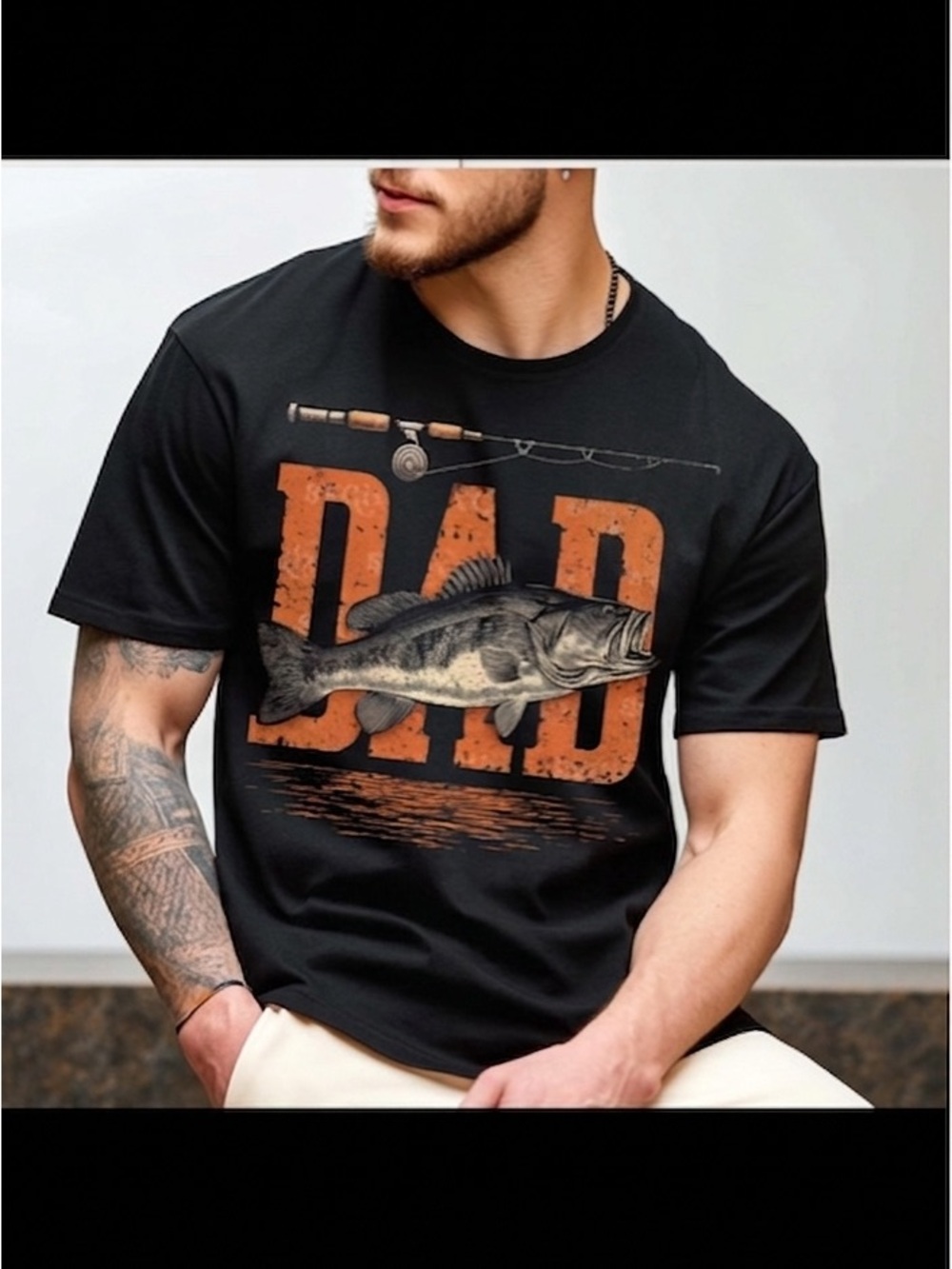 Gildan Black Short Sleeve Tee with Orange 'DAD' Fishing Graphic
